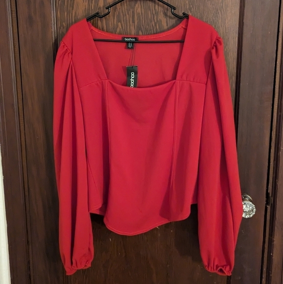 New with Tags Boohoo Red Square Neck Cropped Blouse Size 20 - Picture 1 of 5
